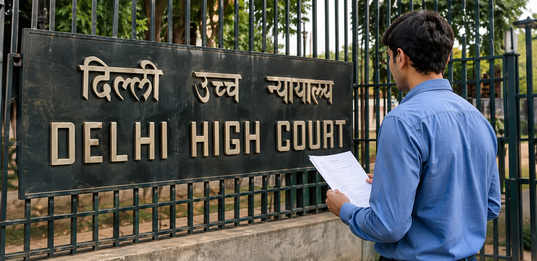 Student reading a document outside the Delhi High Court